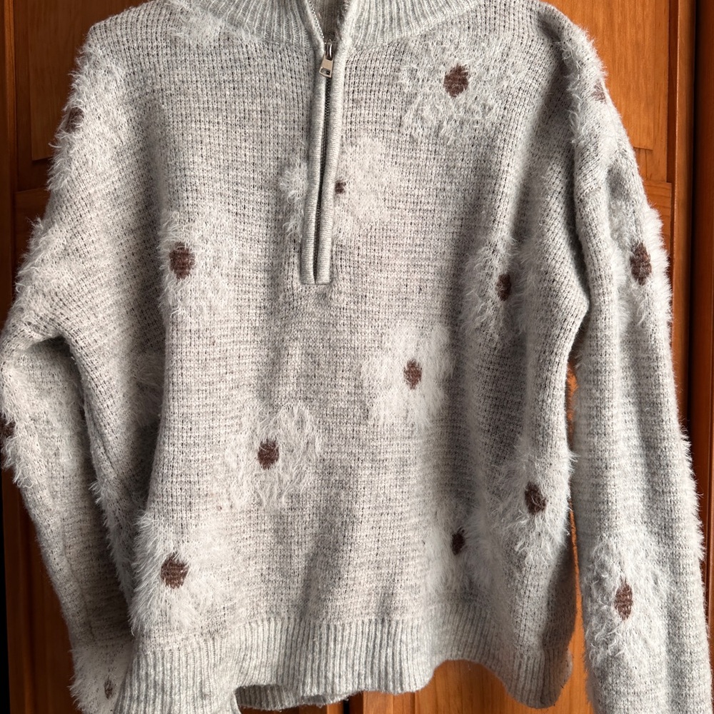 Light Gray Fuzzy Half-Zip Sweater with Brown Polka Dots